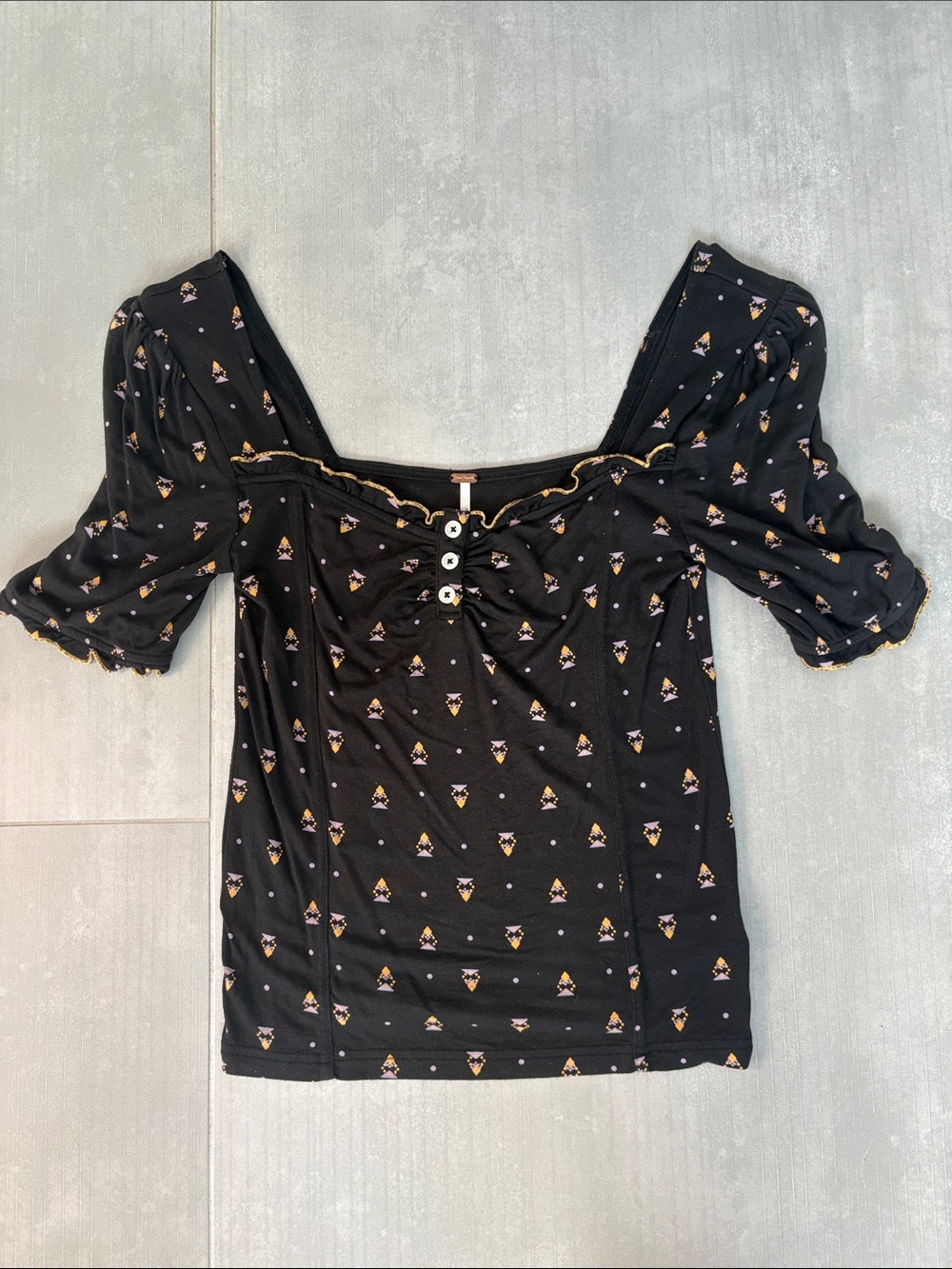 Free People Black Puff Sleeve Square Neck Top with Button Detail